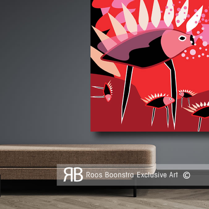 Abstract fineart schilderij met mythisch dier, felle rode en roze kleuren, bellen en dynamische compositie.